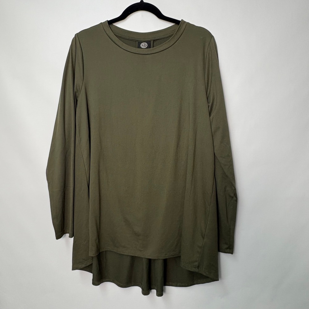 Bobeau Womens XL Olive Green High Low Tunic Long Sleeve Pleated Back Lagenlook